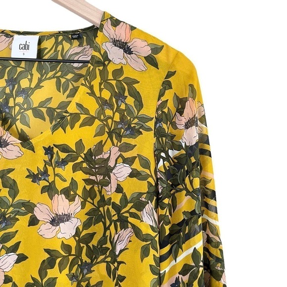 Cabi Spring Scene Yellow Floral Bell Sleeve Sheer Blouse Top, Size Small - Picture 5 of 12